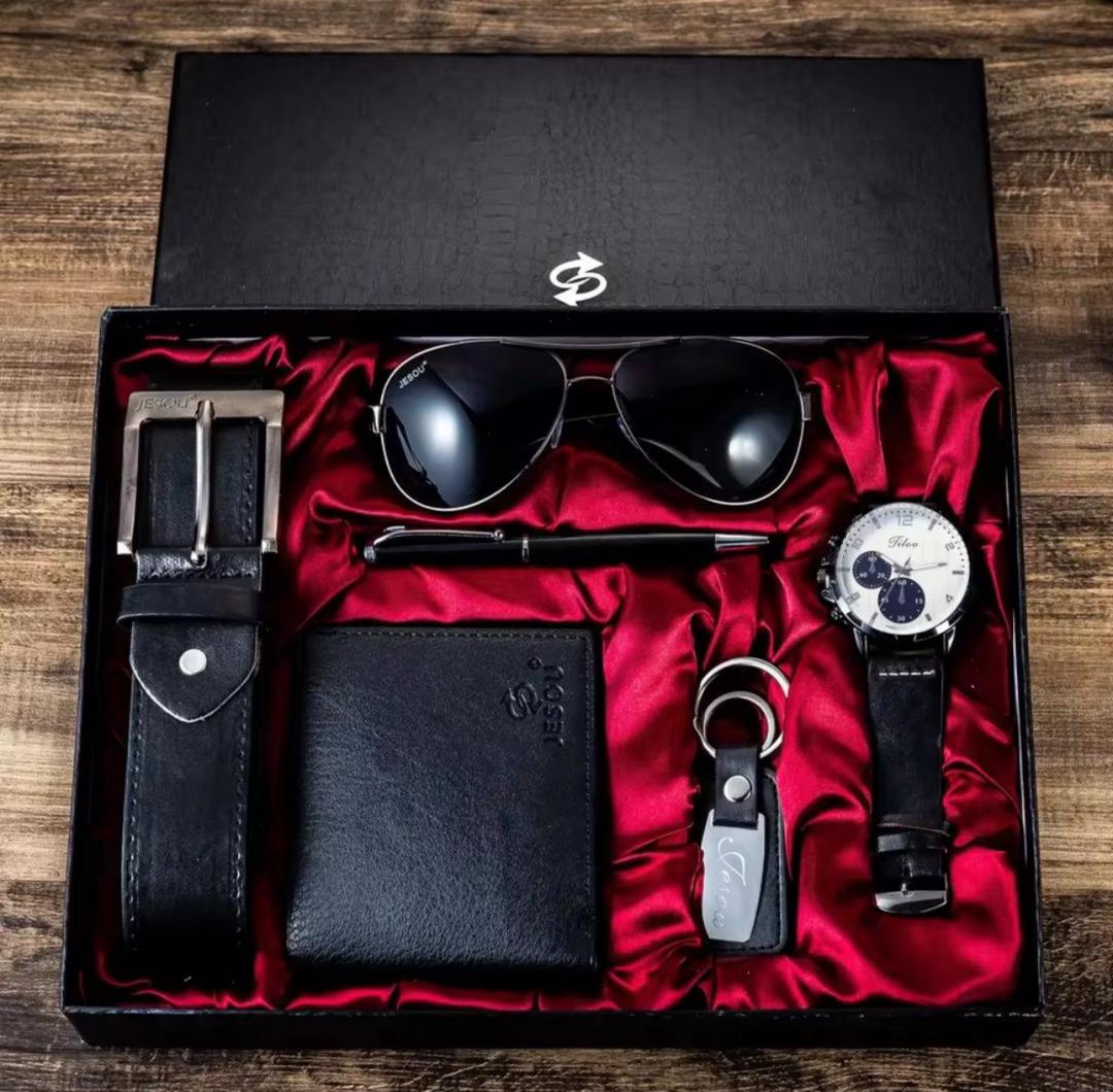 Mens Gift Business Luxury Set 6 in 1 Watch Glasses Pen Keychain Belt Purse