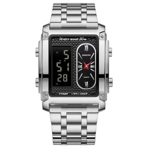 BINBOND Men Watch Business Brand Square Sports Dual Display Electronic Waterproof Steel Belt Male Fashion Quartz Clock Watches - Image 2