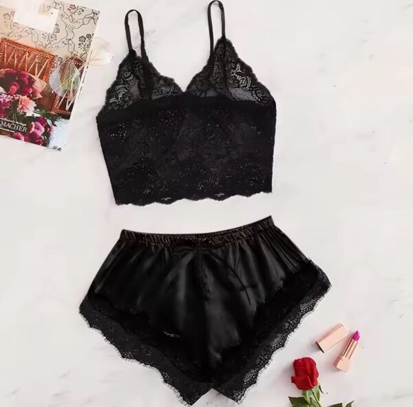 2 Pcs Women's New Sexy Lace See-Through Pajamas Black Pink Cute Clothes Comfortable Breathable Suspender Shorts Set - Image 4