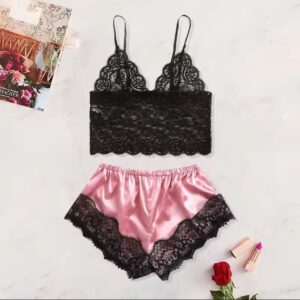 2 Pcs Women's New Sexy Lace See-Through Pajamas Black Pink Cute Clothes Comfortable Breathable Suspender Shorts Set