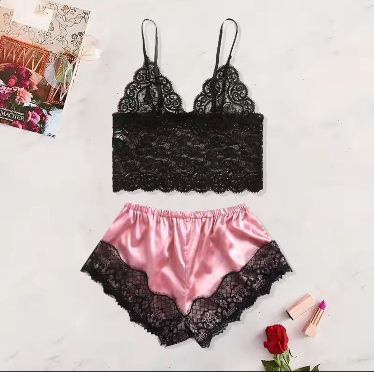 2 Pcs Women's New Sexy Lace See-Through Pajamas Black Pink Cute Clothes Comfortable Breathable Suspender Shorts Set
