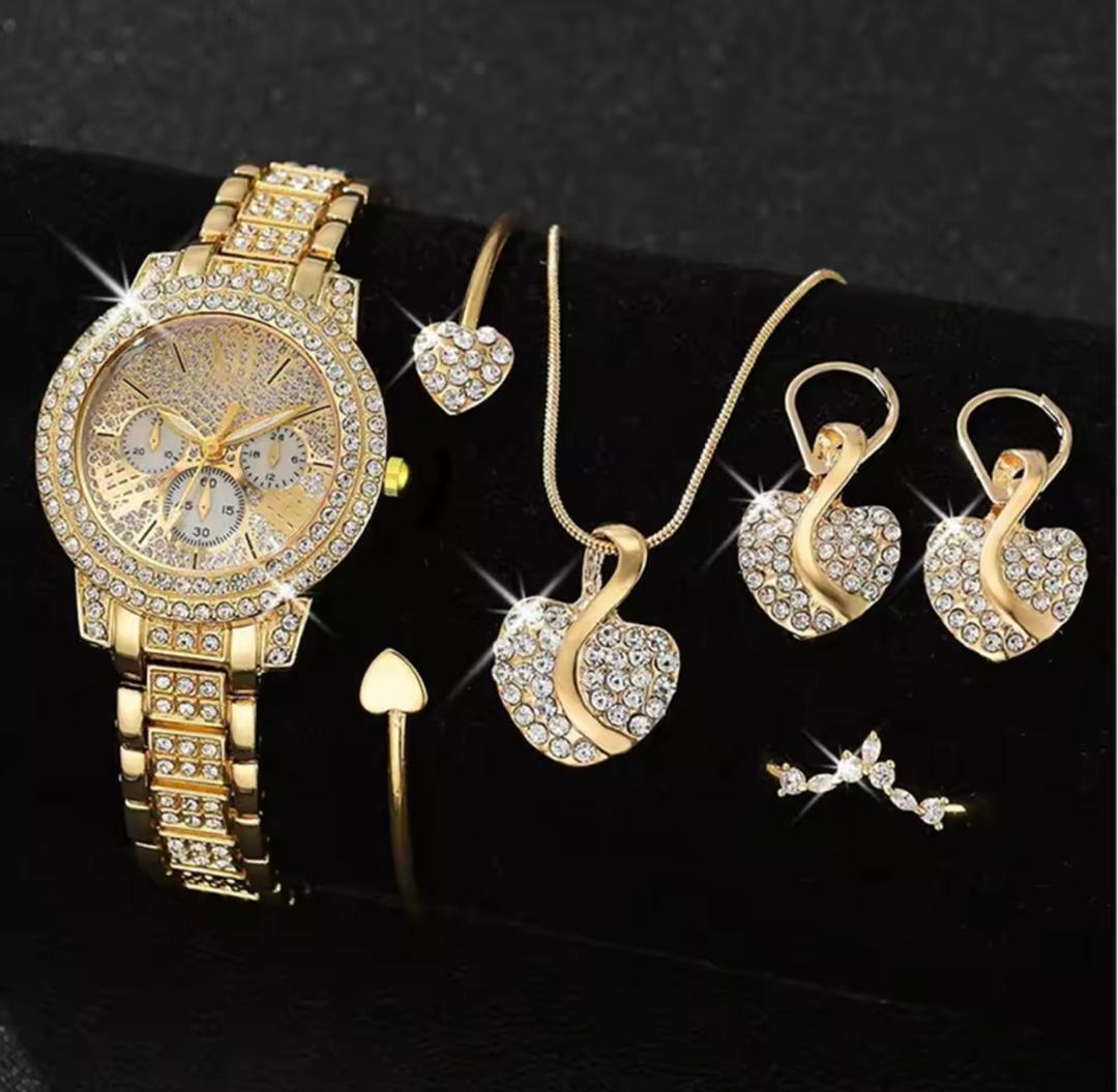Women's Quartz Watch Gold Luxury Women Ring Necklace Earring Rhinestone