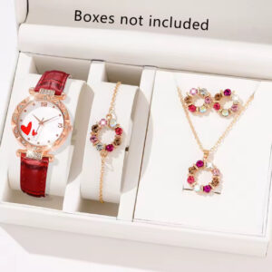 Red Women Watch 5PCS/Set Leather Strap