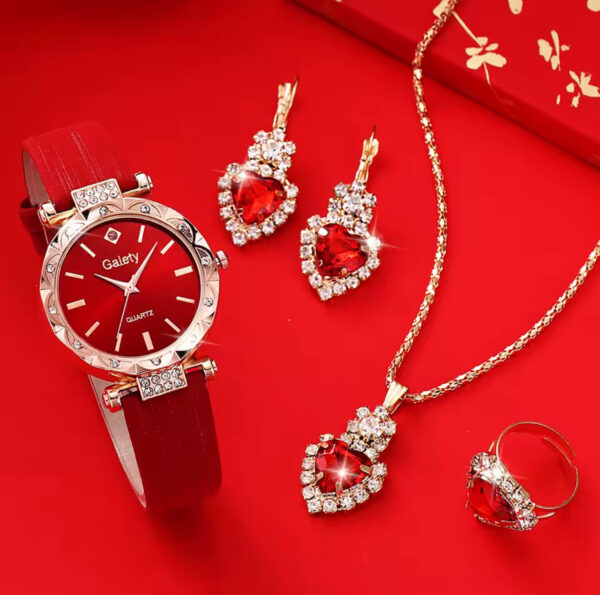 Quartz Watches With Red Leather Straps, Heart-shaped Necklaces, Earrings, And Rings. - Image 2