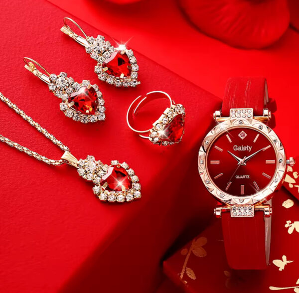Quartz Watches With Red Leather Straps, Heart-shaped Necklaces, Earrings, And Rings. - Image 3