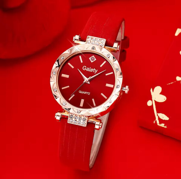 Quartz Watches With Red Leather Straps, Heart-shaped Necklaces, Earrings, And Rings. - Image 4