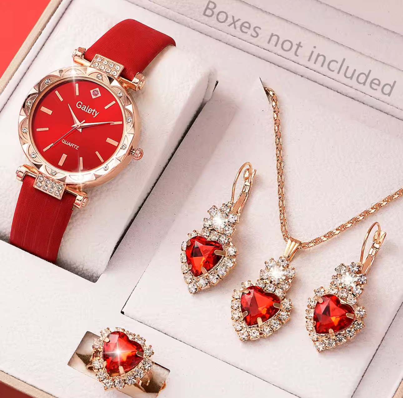 Quartz Watches With Red Leather Straps, Heart-shaped Necklaces, Earrings, And Rings.