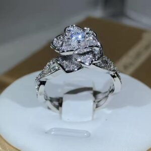 925 Sterling Silver InterTwined Three-Dimensional Rose Ring White Zircon Full Diamond Ring Ladies Temperament Elegant Jewelry