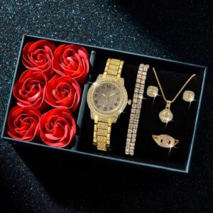 6Pcs Fashion Luxury Women Watch Necklace Earrings Ring Set For Women Rhinestone Wristwatch Bracelet Set Valentine's Day Gift