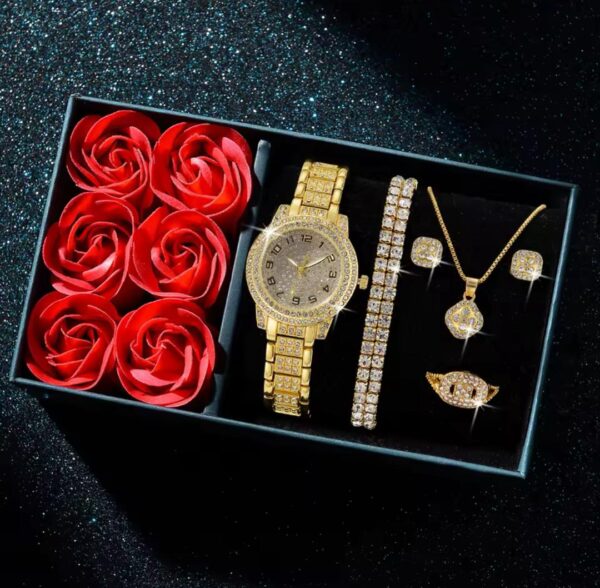 6Pcs Fashion Luxury Women Watch Necklace Earrings Ring Set For Women Rhinestone Wristwatch Bracelet Set Valentine's Day Gift