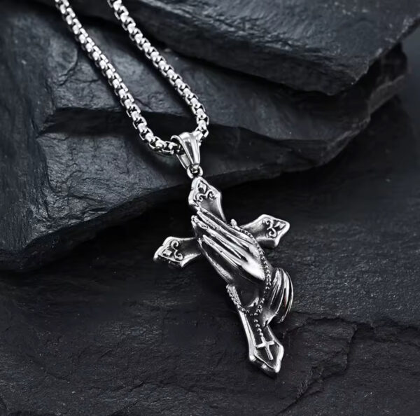Vintage Praying Hands Cross Pendant Necklace - Image 2