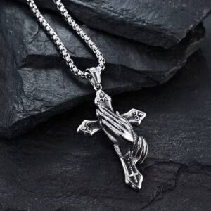 Vintage Praying Hands Cross Pendant Necklace